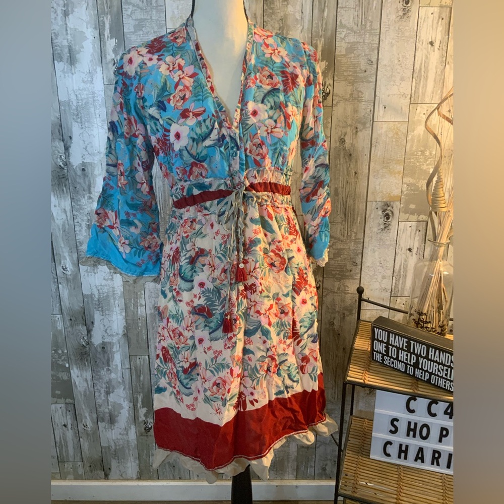 Johnny Was Red and Blue Floral Rayon Dress. Size S